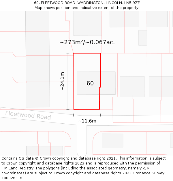 60, FLEETWOOD ROAD, WADDINGTON, LINCOLN, LN5 9ZF: Plot and title map