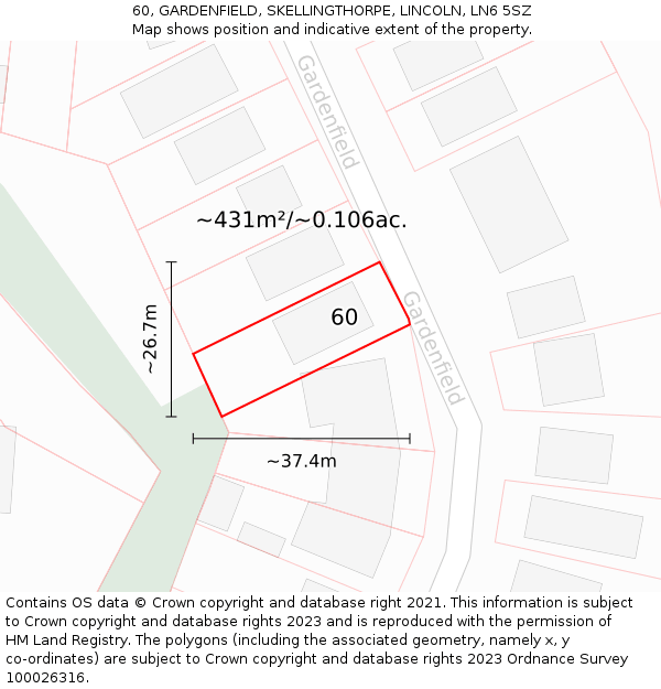 60, GARDENFIELD, SKELLINGTHORPE, LINCOLN, LN6 5SZ: Plot and title map