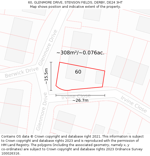 60, GLENMORE DRIVE, STENSON FIELDS, DERBY, DE24 3HT: Plot and title map