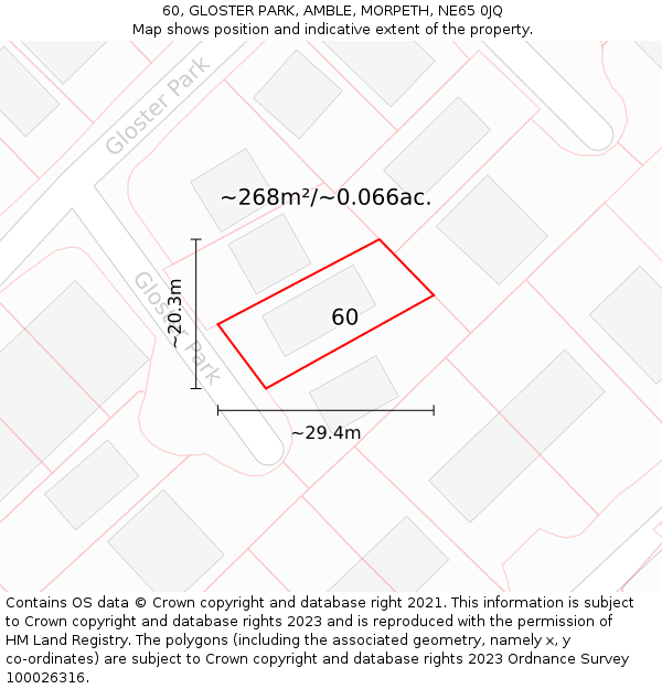 60, GLOSTER PARK, AMBLE, MORPETH, NE65 0JQ: Plot and title map