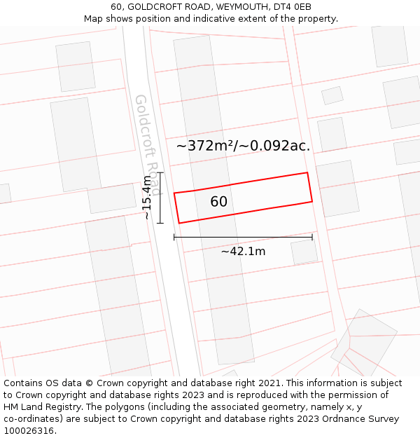 60, GOLDCROFT ROAD, WEYMOUTH, DT4 0EB: Plot and title map