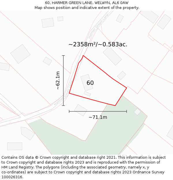 60, HARMER GREEN LANE, WELWYN, AL6 0AW: Plot and title map