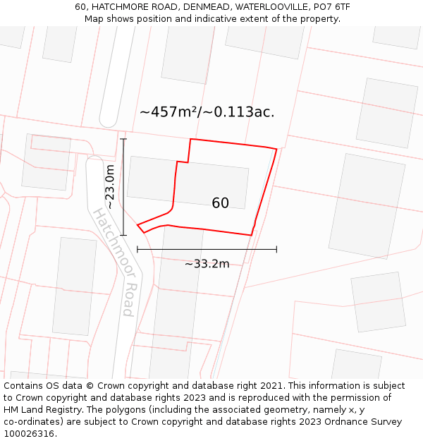 60, HATCHMORE ROAD, DENMEAD, WATERLOOVILLE, PO7 6TF: Plot and title map