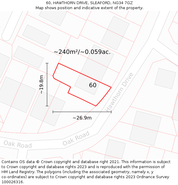 60, HAWTHORN DRIVE, SLEAFORD, NG34 7GZ: Plot and title map