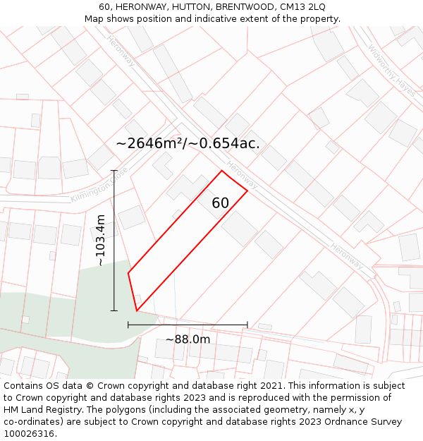 60, HERONWAY, HUTTON, BRENTWOOD, CM13 2LQ: Plot and title map