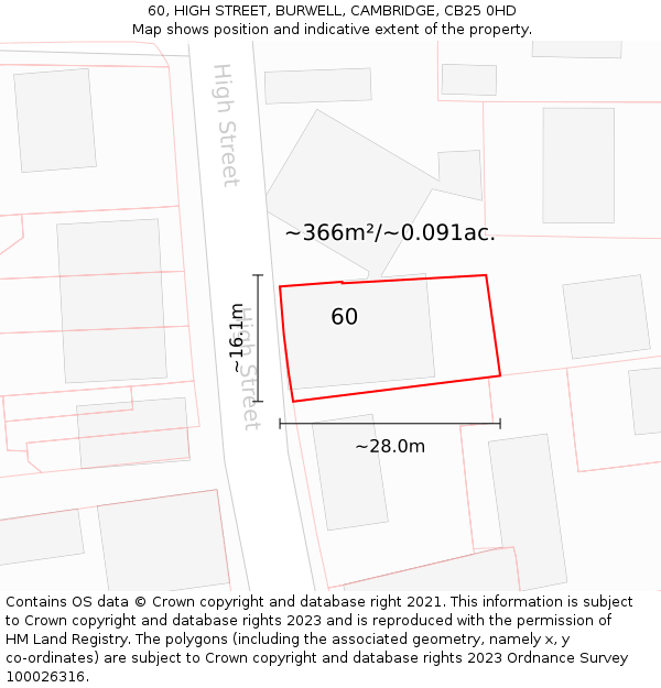 60, HIGH STREET, BURWELL, CAMBRIDGE, CB25 0HD: Plot and title map