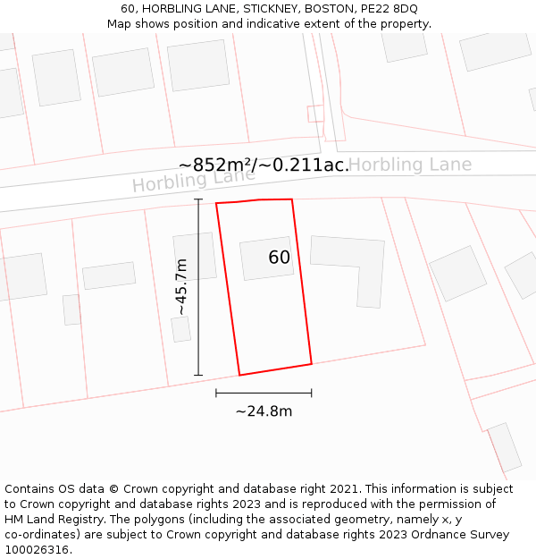 60, HORBLING LANE, STICKNEY, BOSTON, PE22 8DQ: Plot and title map