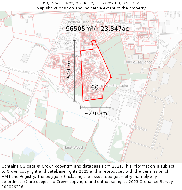 60, INSALL WAY, AUCKLEY, DONCASTER, DN9 3FZ: Plot and title map