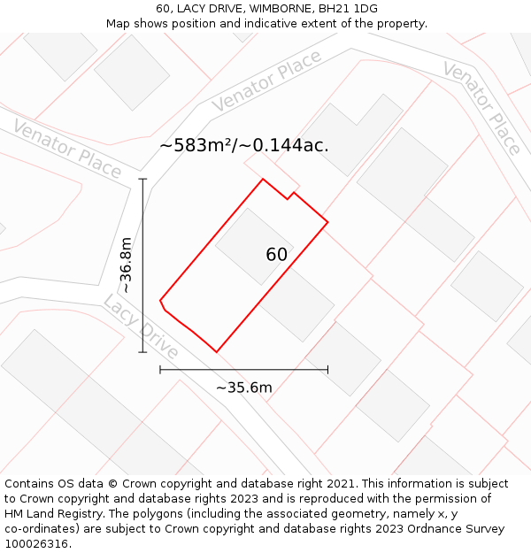 60, LACY DRIVE, WIMBORNE, BH21 1DG: Plot and title map