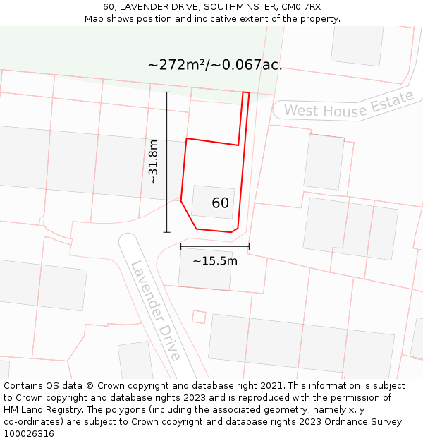 60, LAVENDER DRIVE, SOUTHMINSTER, CM0 7RX: Plot and title map