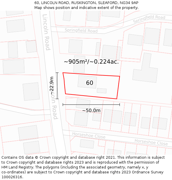 60, LINCOLN ROAD, RUSKINGTON, SLEAFORD, NG34 9AP: Plot and title map