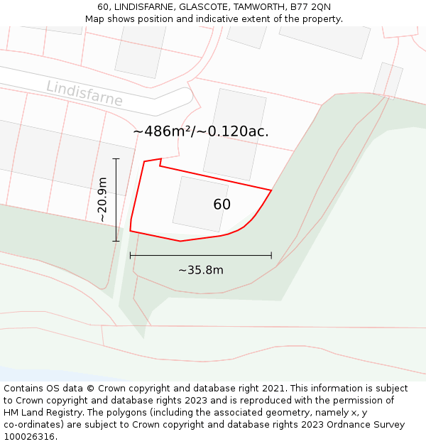 60, LINDISFARNE, GLASCOTE, TAMWORTH, B77 2QN: Plot and title map