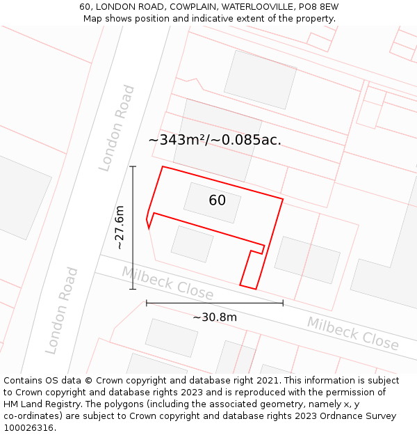 60, LONDON ROAD, COWPLAIN, WATERLOOVILLE, PO8 8EW: Plot and title map