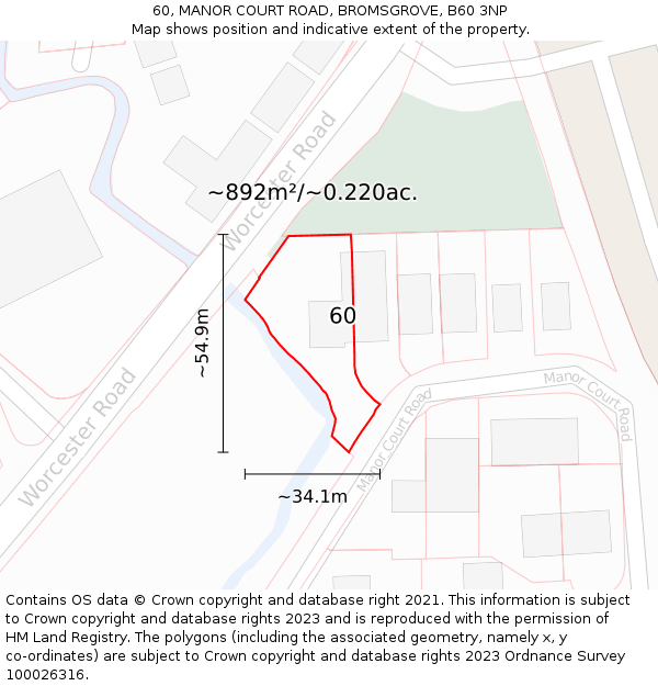 60, MANOR COURT ROAD, BROMSGROVE, B60 3NP: Plot and title map