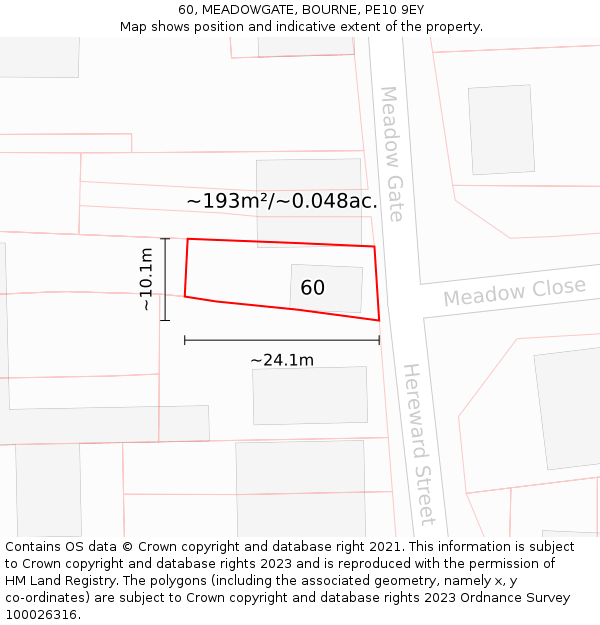 60, MEADOWGATE, BOURNE, PE10 9EY: Plot and title map