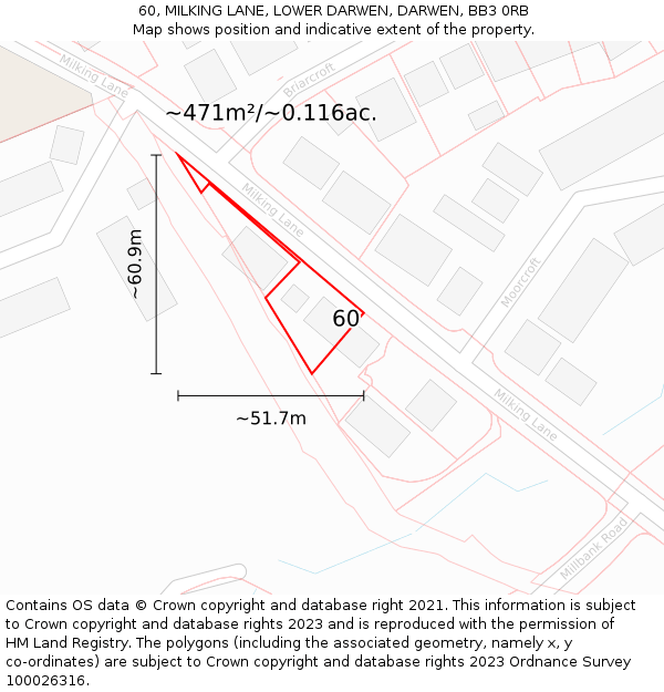 60, MILKING LANE, LOWER DARWEN, DARWEN, BB3 0RB: Plot and title map