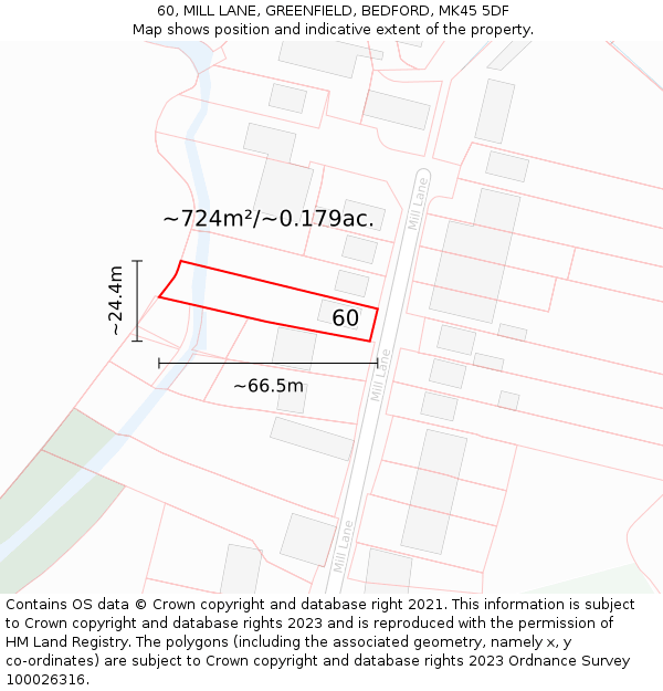 60, MILL LANE, GREENFIELD, BEDFORD, MK45 5DF: Plot and title map