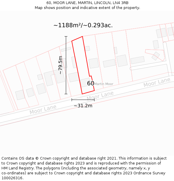 60, MOOR LANE, MARTIN, LINCOLN, LN4 3RB: Plot and title map