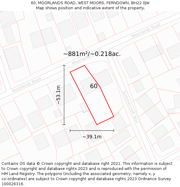 60, MOORLANDS ROAD, WEST MOORS, FERNDOWN, BH22 0JW: Plot and title map