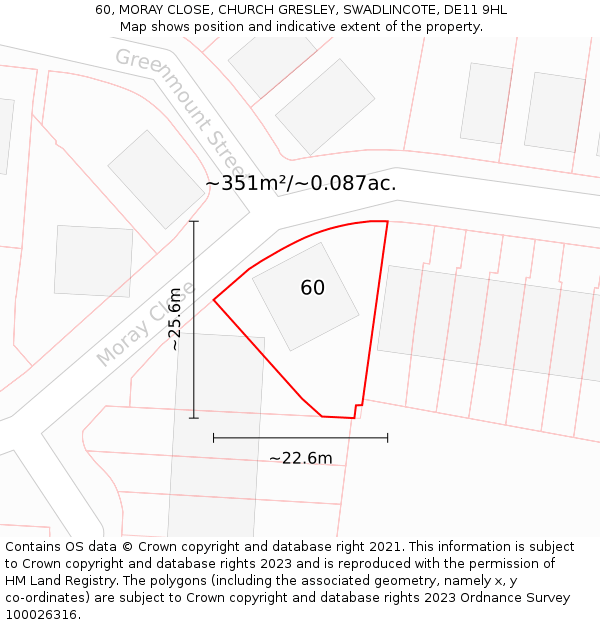 60, MORAY CLOSE, CHURCH GRESLEY, SWADLINCOTE, DE11 9HL: Plot and title map