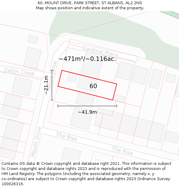 60, MOUNT DRIVE, PARK STREET, ST ALBANS, AL2 2NS: Plot and title map