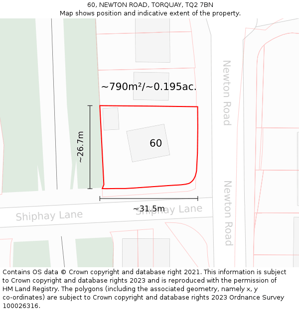 60, NEWTON ROAD, TORQUAY, TQ2 7BN: Plot and title map