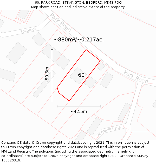 60, PARK ROAD, STEVINGTON, BEDFORD, MK43 7QG: Plot and title map