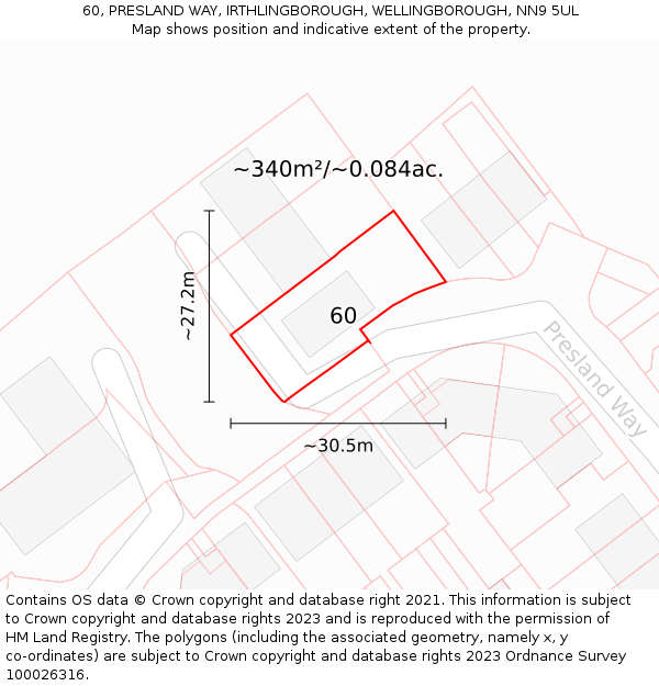 60, PRESLAND WAY, IRTHLINGBOROUGH, WELLINGBOROUGH, NN9 5UL: Plot and title map