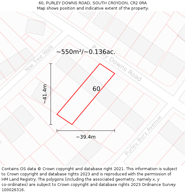 60, PURLEY DOWNS ROAD, SOUTH CROYDON, CR2 0RA: Plot and title map