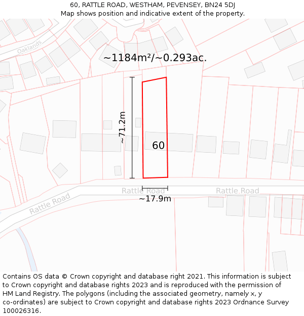 60, RATTLE ROAD, WESTHAM, PEVENSEY, BN24 5DJ: Plot and title map