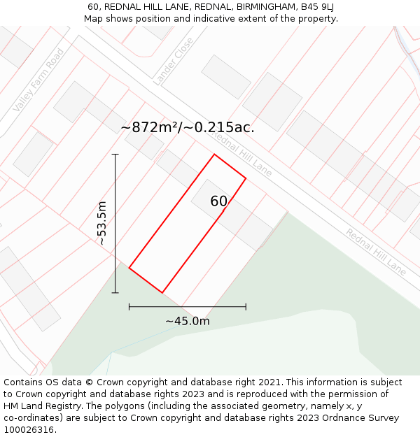 60, REDNAL HILL LANE, REDNAL, BIRMINGHAM, B45 9LJ: Plot and title map