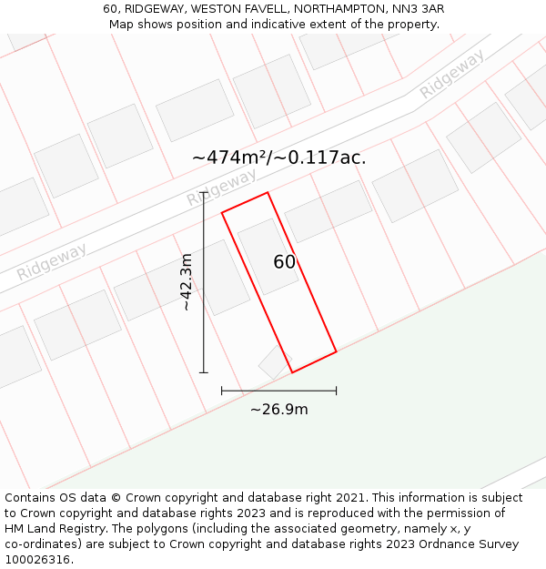 60, RIDGEWAY, WESTON FAVELL, NORTHAMPTON, NN3 3AR: Plot and title map