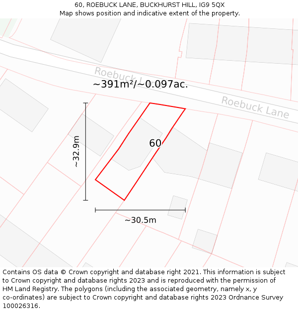 60, ROEBUCK LANE, BUCKHURST HILL, IG9 5QX: Plot and title map