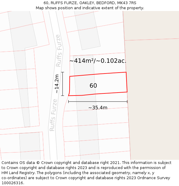 60, RUFFS FURZE, OAKLEY, BEDFORD, MK43 7RS: Plot and title map