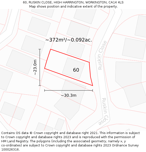 60, RUSKIN CLOSE, HIGH HARRINGTON, WORKINGTON, CA14 4LS: Plot and title map