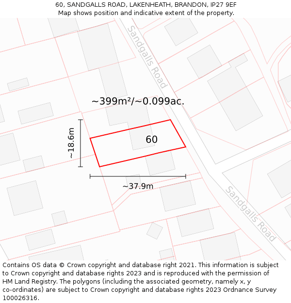 60, SANDGALLS ROAD, LAKENHEATH, BRANDON, IP27 9EF: Plot and title map