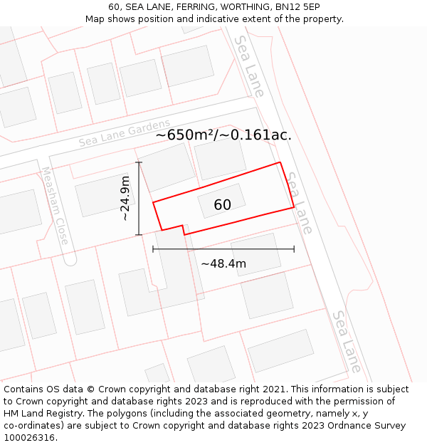 60, SEA LANE, FERRING, WORTHING, BN12 5EP: Plot and title map