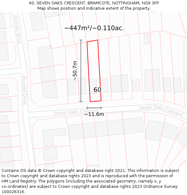 60, SEVEN OAKS CRESCENT, BRAMCOTE, NOTTINGHAM, NG9 3FP: Plot and title map