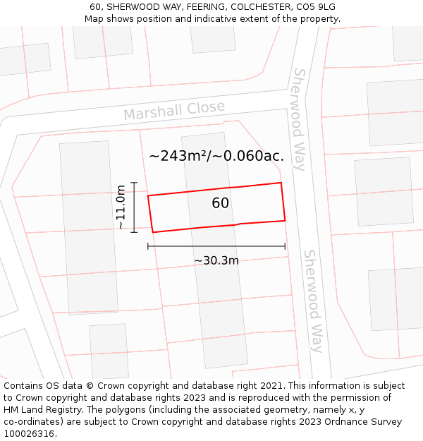 60, SHERWOOD WAY, FEERING, COLCHESTER, CO5 9LG: Plot and title map