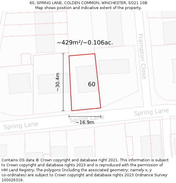 60, SPRING LANE, COLDEN COMMON, WINCHESTER, SO21 1SB: Plot and title map