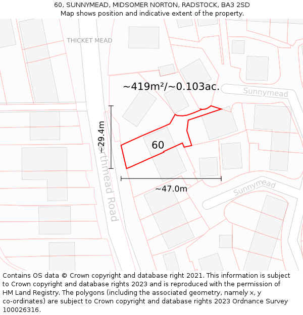 60, SUNNYMEAD, MIDSOMER NORTON, RADSTOCK, BA3 2SD: Plot and title map