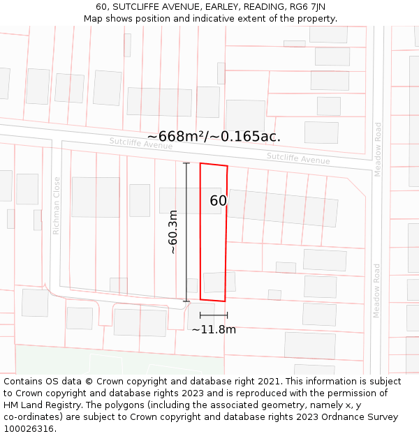 60, SUTCLIFFE AVENUE, EARLEY, READING, RG6 7JN: Plot and title map