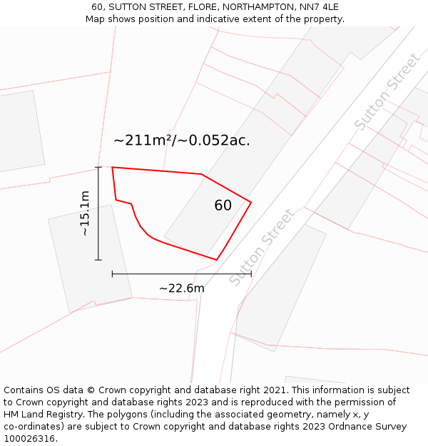 60, SUTTON STREET, FLORE, NORTHAMPTON, NN7 4LE: Plot and title map