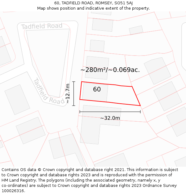 60, TADFIELD ROAD, ROMSEY, SO51 5AJ: Plot and title map