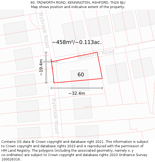 60, TADWORTH ROAD, KENNINGTON, ASHFORD, TN24 9JU: Plot and title map