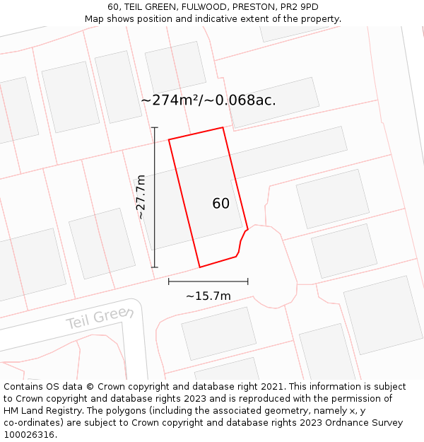 60, TEIL GREEN, FULWOOD, PRESTON, PR2 9PD: Plot and title map