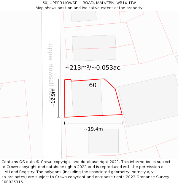 60, UPPER HOWSELL ROAD, MALVERN, WR14 1TW: Plot and title map