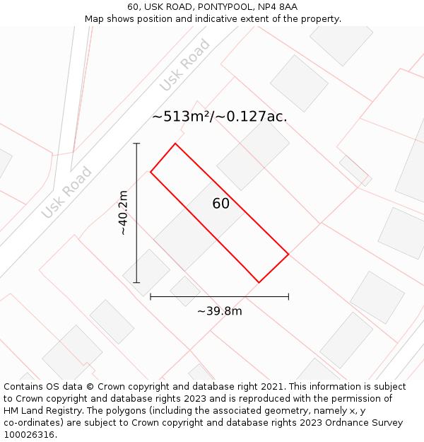 60, USK ROAD, PONTYPOOL, NP4 8AA: Plot and title map