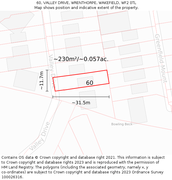 60, VALLEY DRIVE, WRENTHORPE, WAKEFIELD, WF2 0TL: Plot and title map