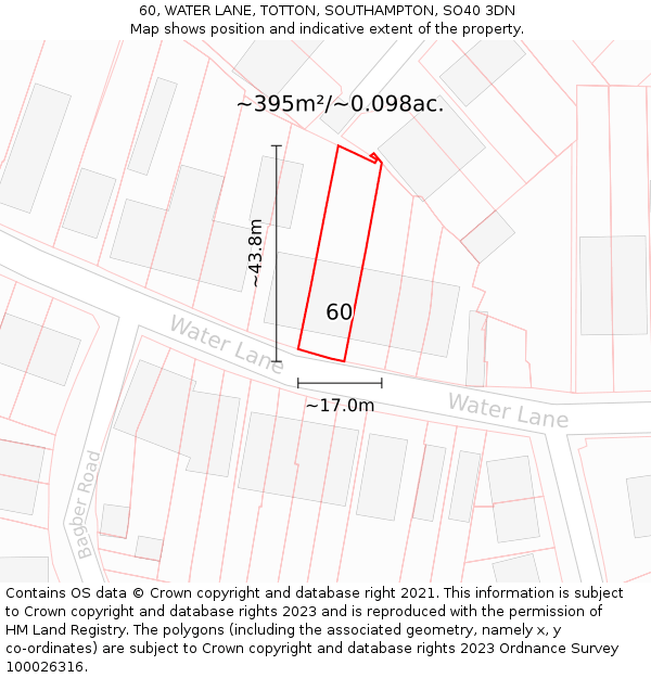 60, WATER LANE, TOTTON, SOUTHAMPTON, SO40 3DN: Plot and title map